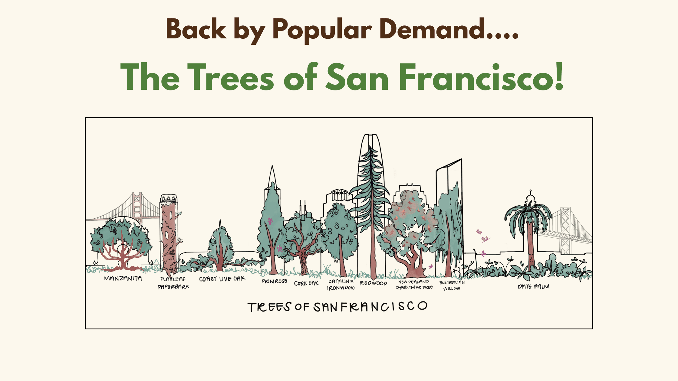 Trees of San Francisco Graphic featured on tote bag. The famous trees of San Francisco superimposed on the iconic buildings in the SF Skyline.
